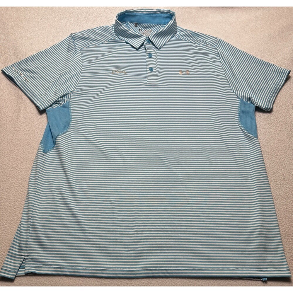 PGA Under Armour Golf Polo Shirt Mens XXL 2XL Blue Striped HeatGear Coldblack - Picture 2 of 10